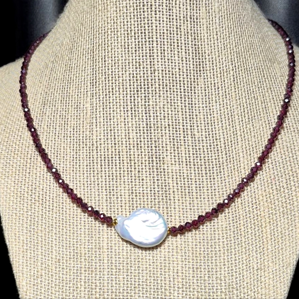 Elegant Handmade Fresh Water Baroque Pearl and Garnet Necklace